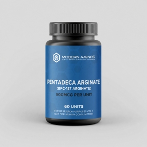 image of bpc-157 arginate pentadeca arginate offered in 500mcg capsules with 60 capsules per bottle by modern aminos a premier research compound website