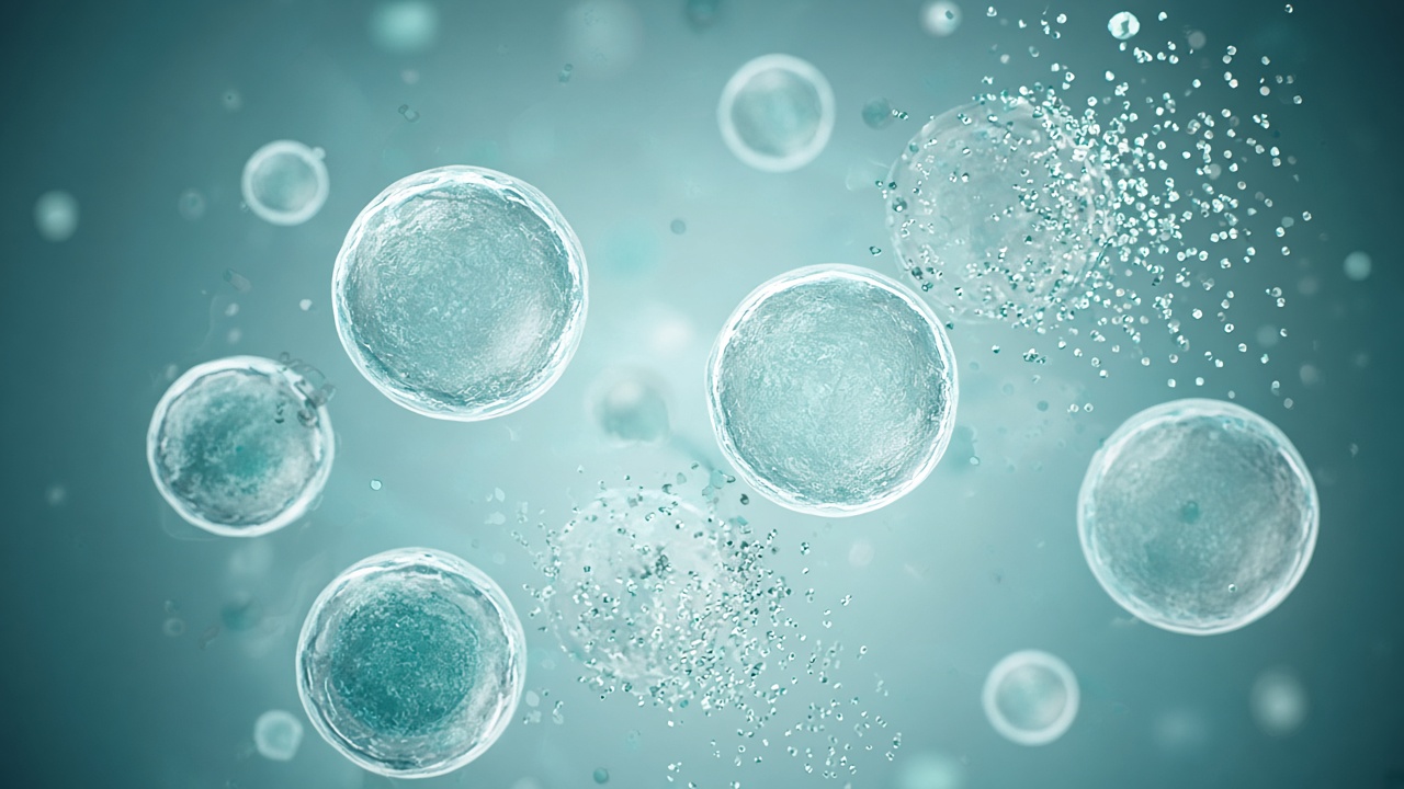 Abstract illustration of in vitro adipocytes undergoing apoptosis, used for CBL-514 research context